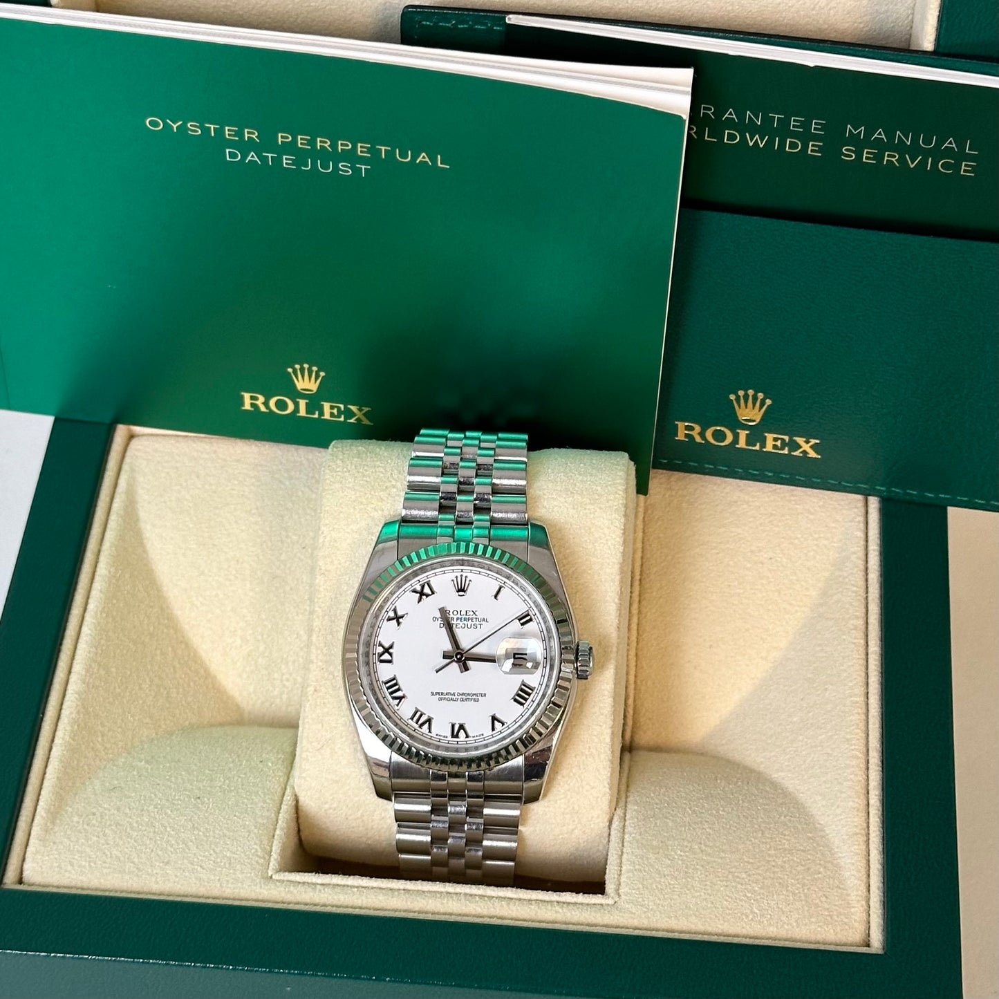Rolex Datejust 36 White Roman Fluted Jubilee 116234