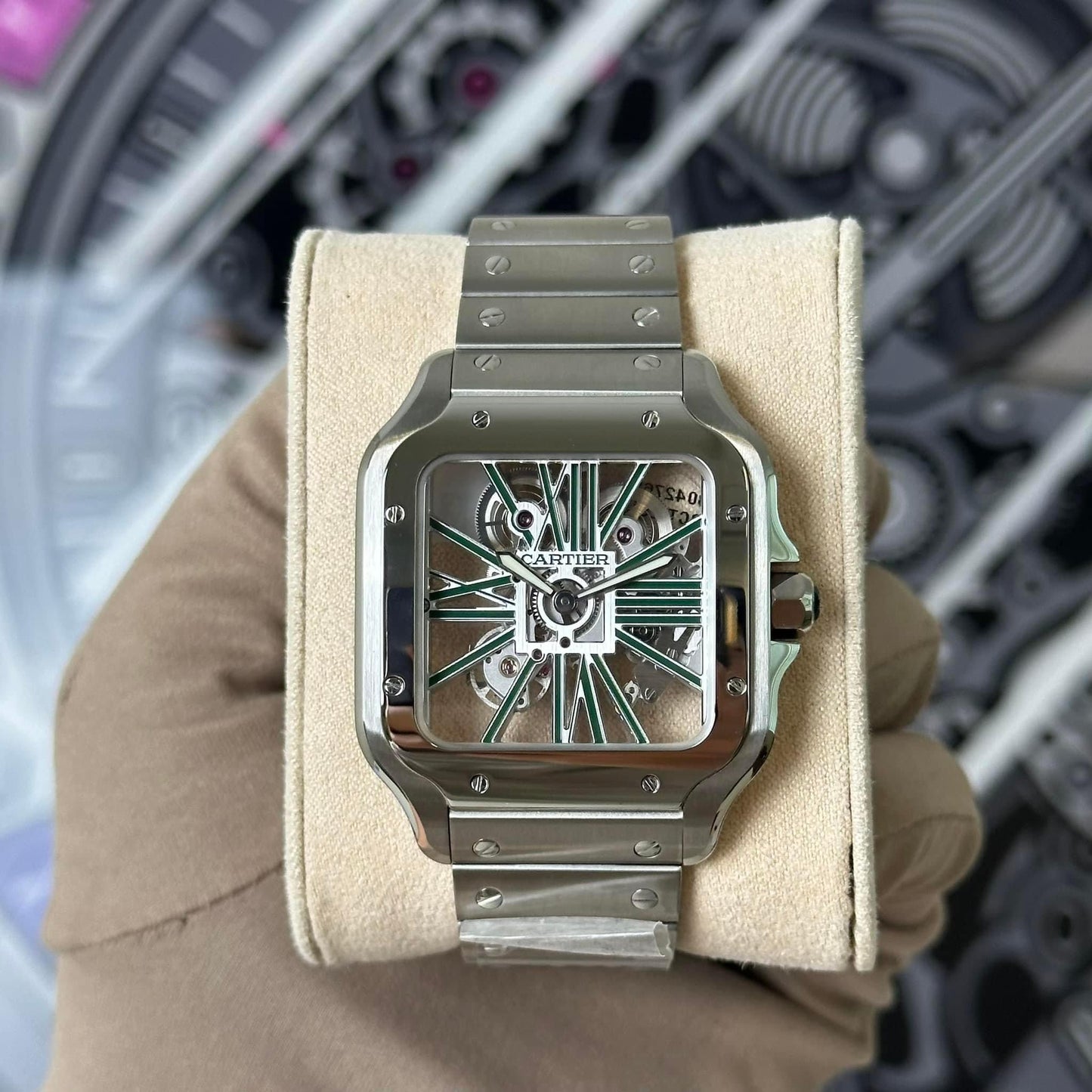 NEW Cartier Large Santos Skeleton Green WHSA0028