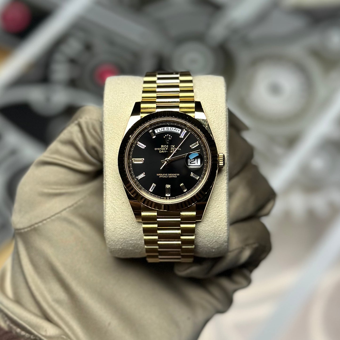Rolex Day Date 40 Yellow Gold Black Diamond Dial 228238