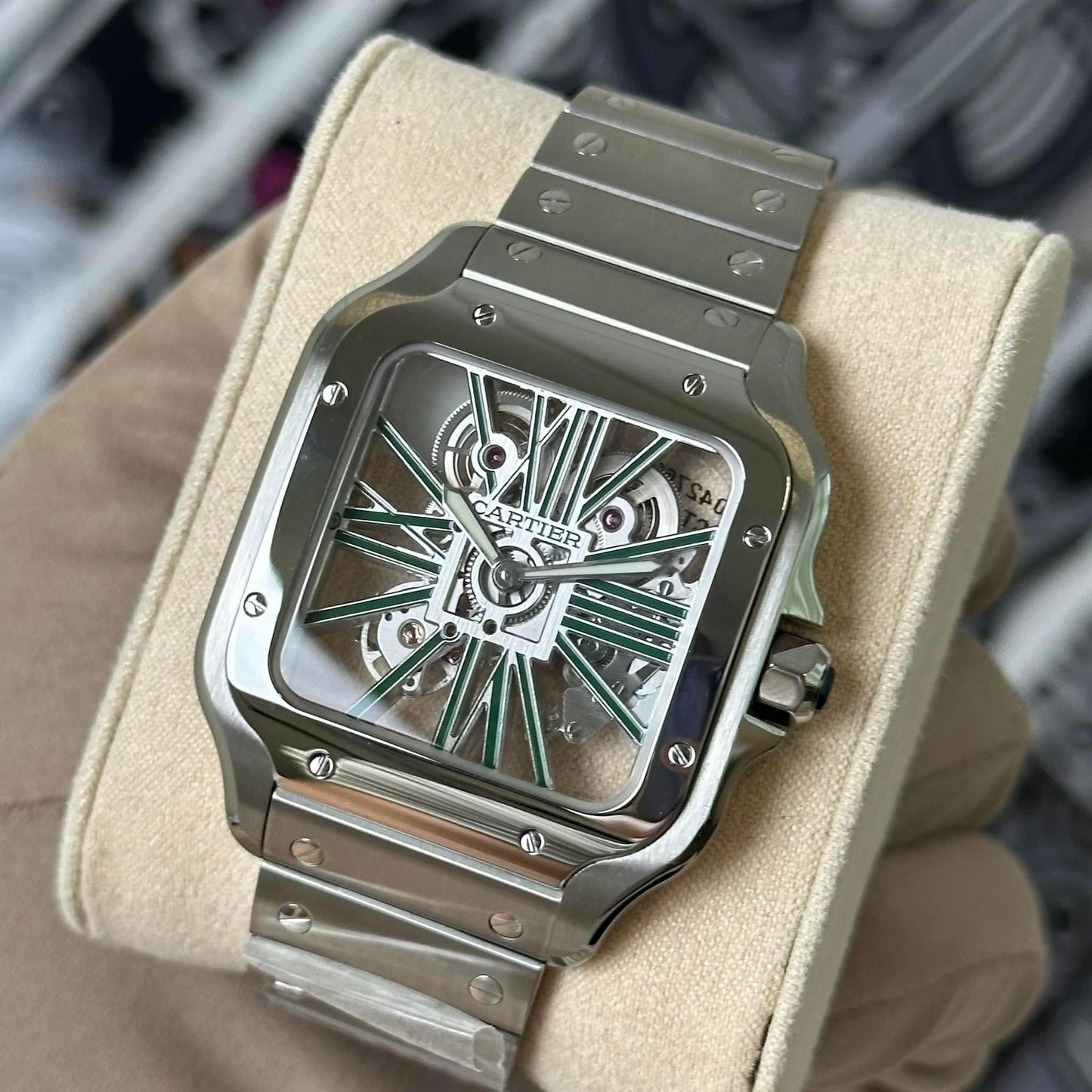 NEW Cartier Large Santos Skeleton Green WHSA0028