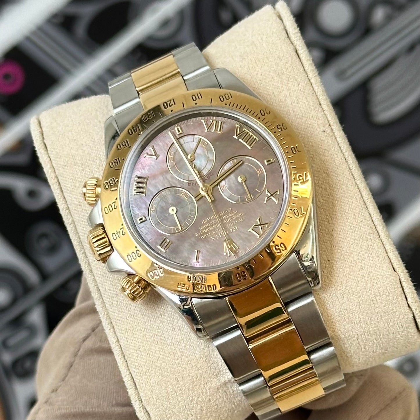 Rolex Two Tone Daytona Black MOP Roman Dial 116523
